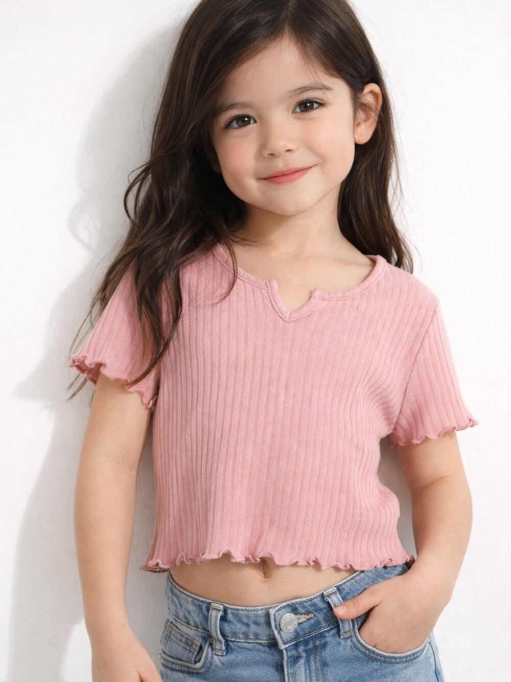 Art Class Girls Cropped Ribbed Tee Pink Notch Neck Lettuce Edge Size 6